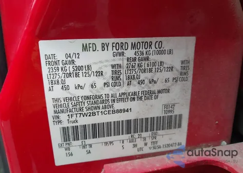 2012 Ford F250 Lariat z USA, uszkodzony, nr VIN 1FT7W2BT1CEB88941